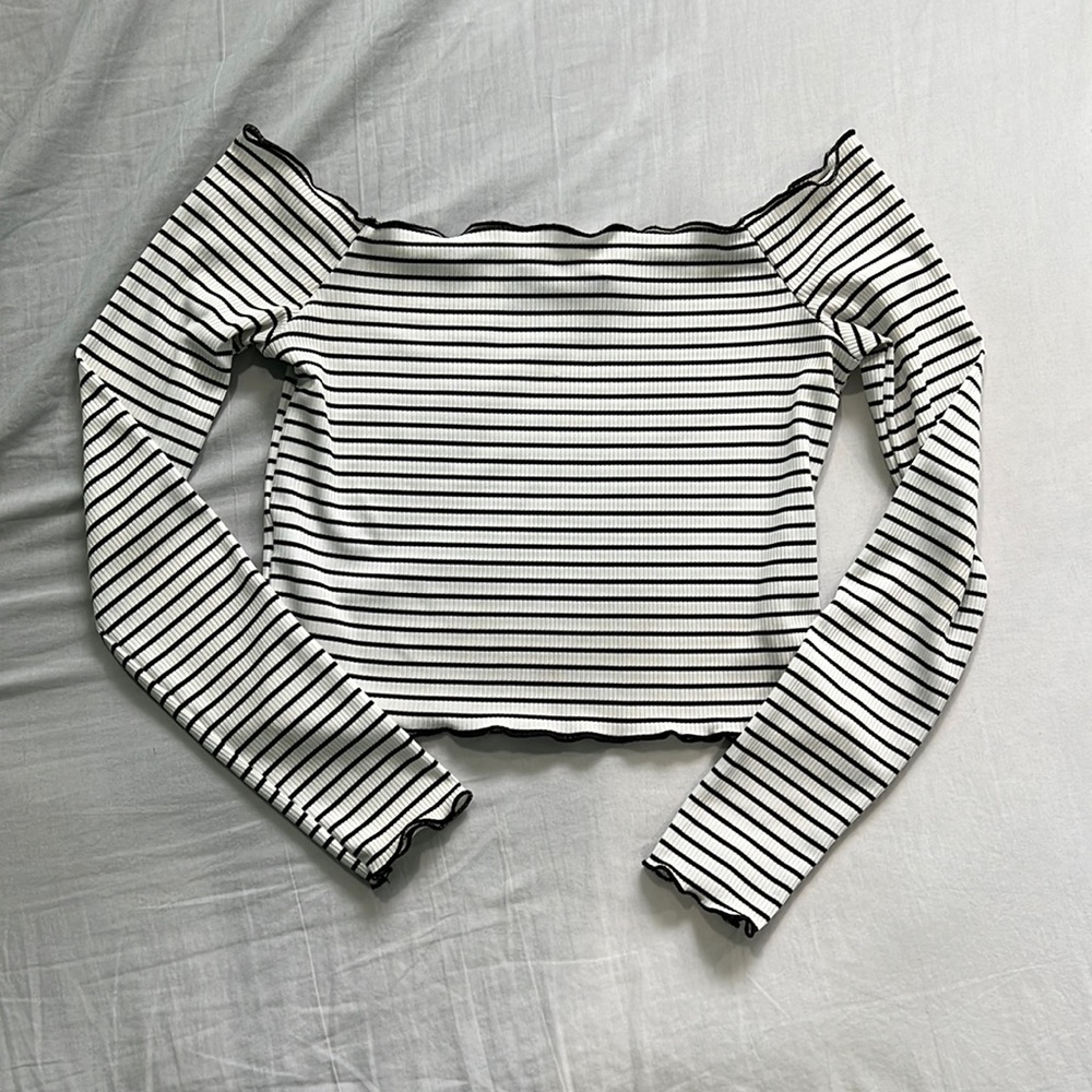striped off the shoulder lettuce trim long sleeve